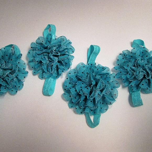 3/$25 Teal Blue Polka Dot Flower Headband - Picture 2 of 3